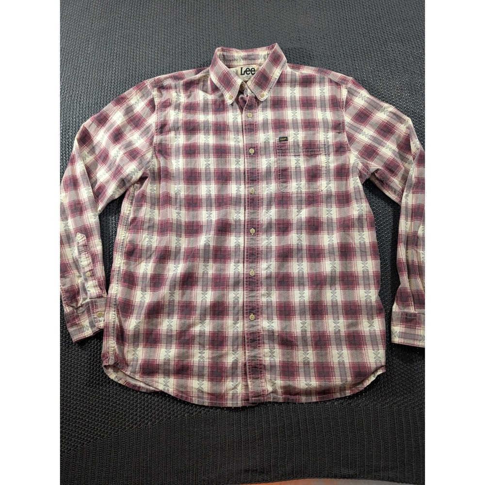 Lee Mens Large Plaid Button Down Shirt Burgundy Cotton Southwestern Long Sleeve